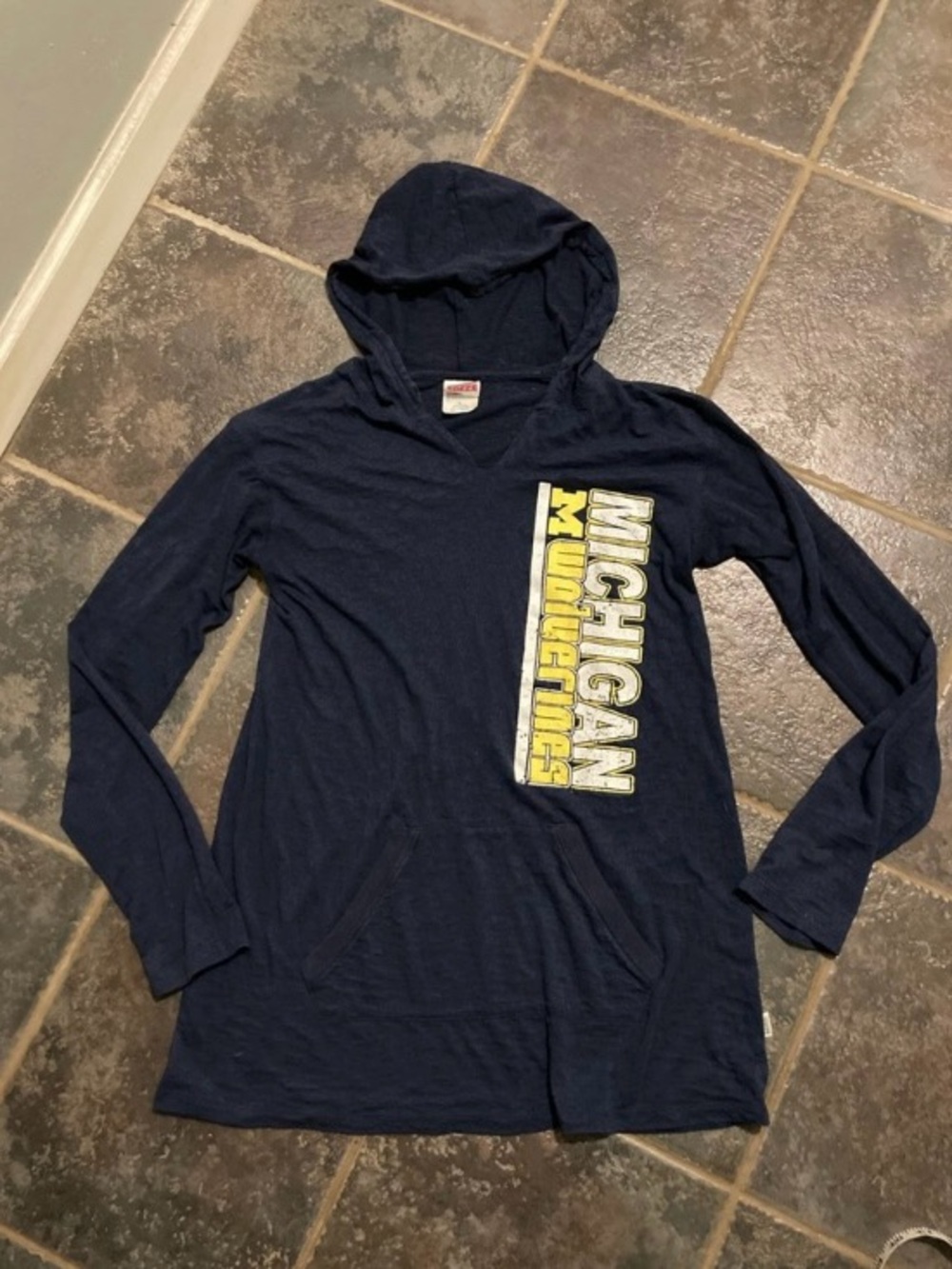 Michigan Navy Top with Hood with Michigan Vertical Logo Women’s Size L